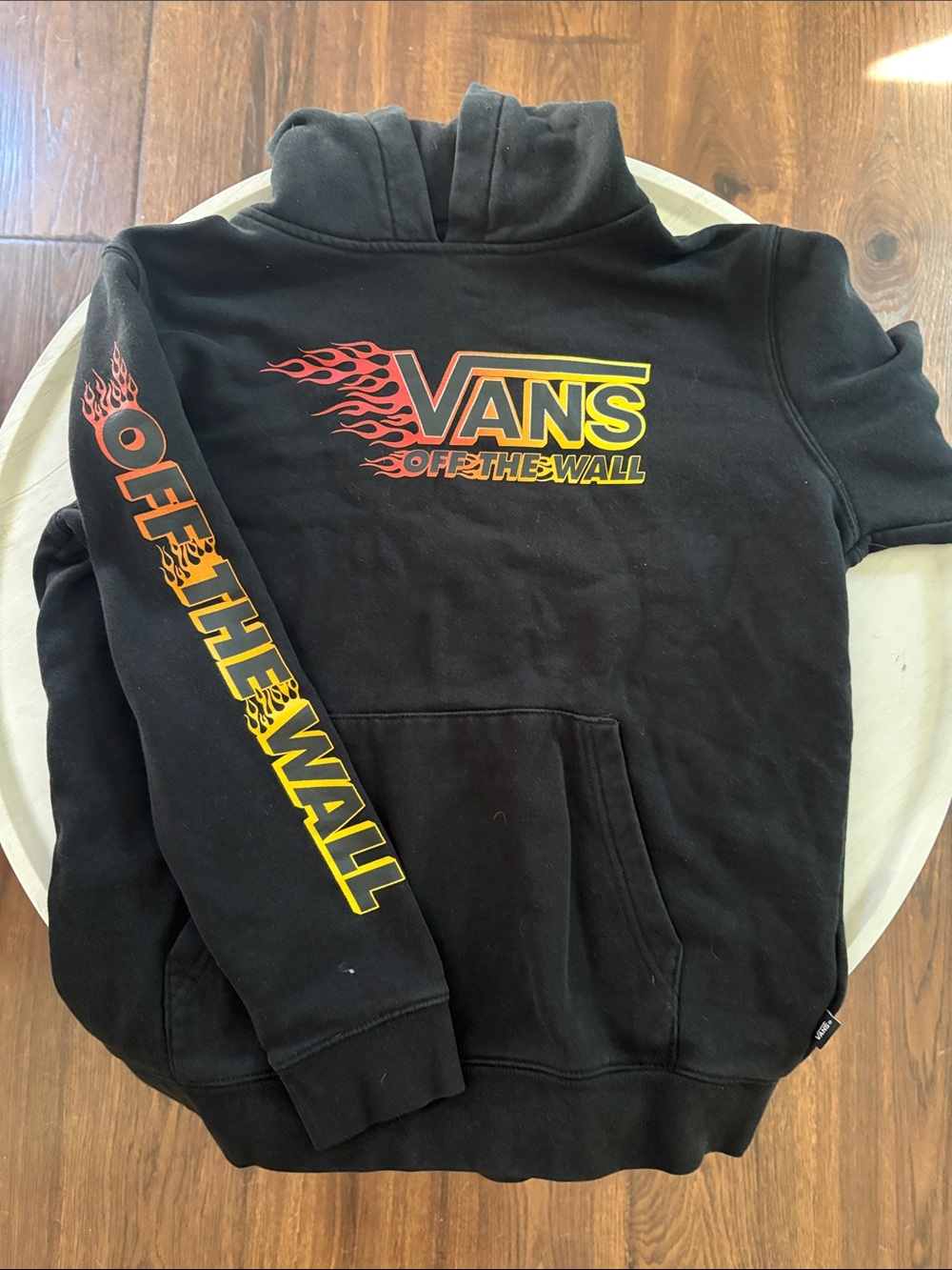 Boys Vans Black Crewneck Hoodie with Red-to-Yellow Flame Logo